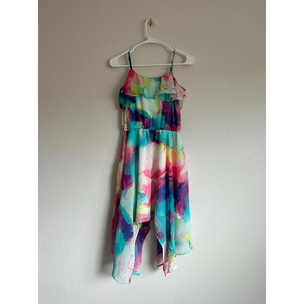 The Childrens Place Girls Watercolor Abstract Handkerchief Hem Dress Size 14 XL